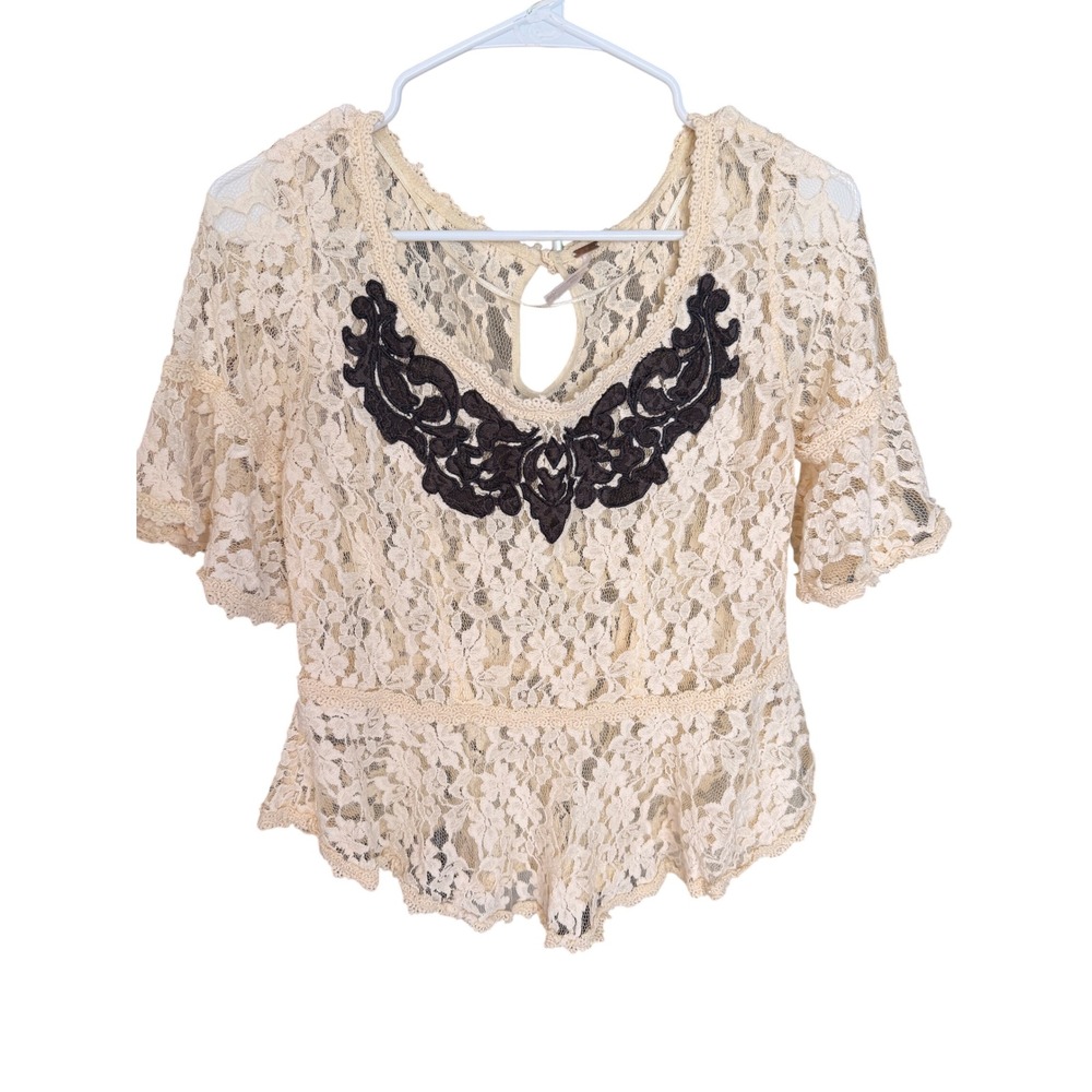 Free People Lace Peplum Boho Top Cream Size S